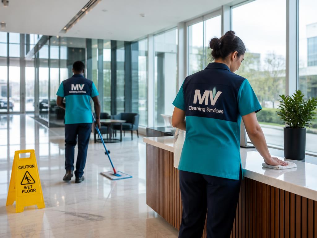 MV Cleaning Services crew in branded uniforms cleaning a modern office lobby