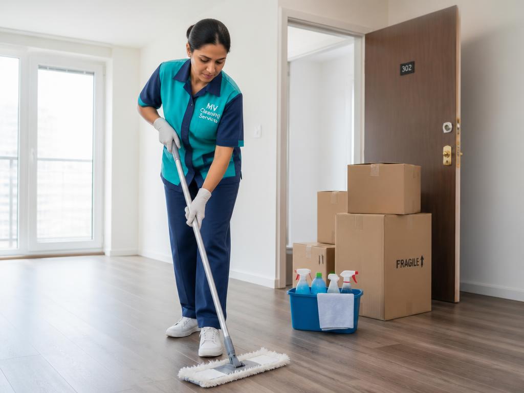 MV Cleaning Services cleaner mopping an empty apartment with moving boxes