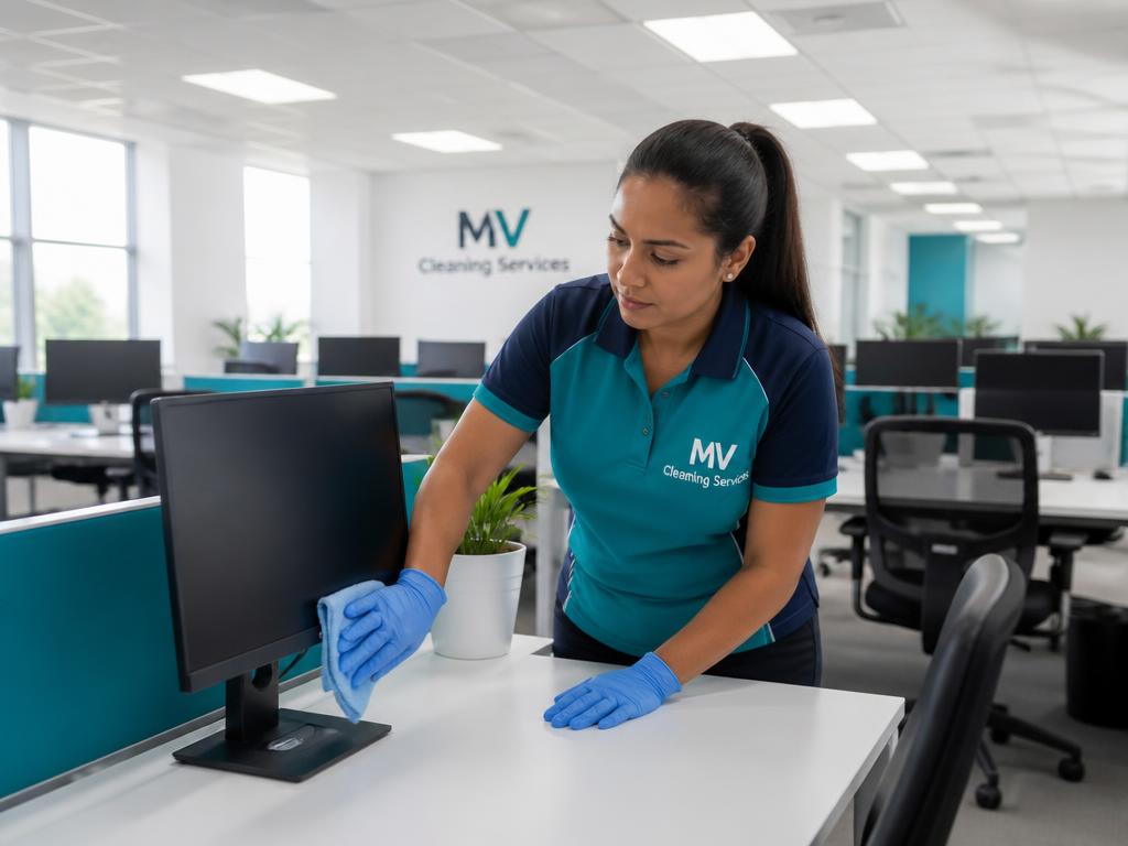 MV Cleaning Services employee wiping desks in a bright open-plan office